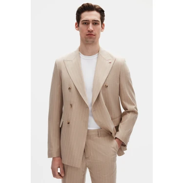 Ds Damat Regular Fit Bej Çizgili Kruvaze Takim Elbise