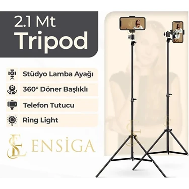Ensiga Tripod 2.1 mt 360 Döner Başlıklı Telefon Tutucu Ring Light Metal Işık Stüdyo Lamba