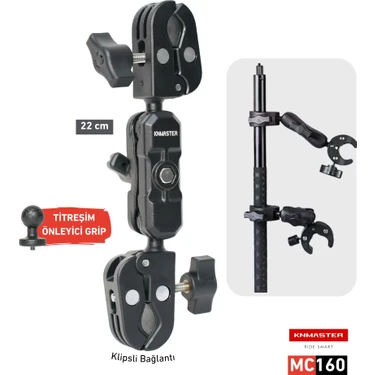 Knmaster MC160 – 360° Ayarlanabilir Motosiklet Çift Yengeç Kelepçeli (Double Clamp) Aksiyon Kamera