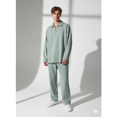 Ribana Classic Unısex Bürümcük Kumaş Polo Yaka Fermuarlı Cepli Beli Lastikli Alt-Üst