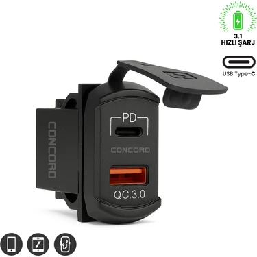 Concord Qc3.0 + Pd Type-C Çift USB 12-24V Tekno Motor Araç Şarj Cihazı Marin