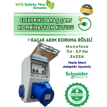MTSevcharger 7.4 Kw Schneider 3/32 Tesla Mavi Adaptör Uyumlu Elektrikli Araç Şarj Cihazı