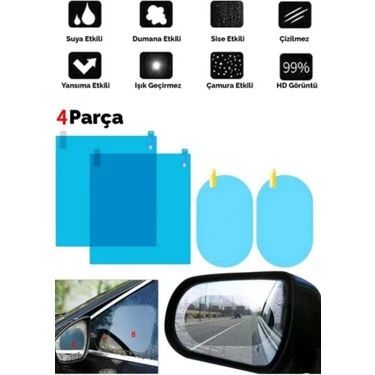 Shopimo 4 Parça Yan Aynalar ve Yan Camlar Için Araç Ayna Yağmur Kaydırıcı ve Cam Buğu Önleyici Film