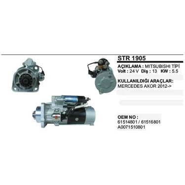 Marş Motoru 24V 13DİŞ 5,5kw Mercedes Axor 2 Atego 1-2 Zetros Econic 61516801 Dodo