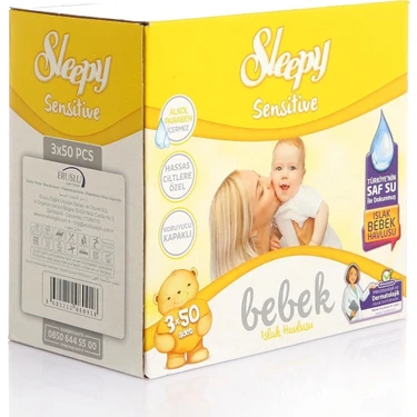Sleepy Sensivite Kutulu Islak Havlu 3x50 Adet Bebekler için Dermatolojik Olarak Test Edilmiş Hassas