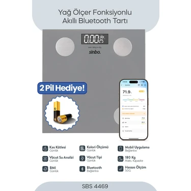 Sinbo Sbs-4469 Bluetooth Dijital Yağ Su Kas Vücut Kitle Endeksi Kilo Ölçer Tartı