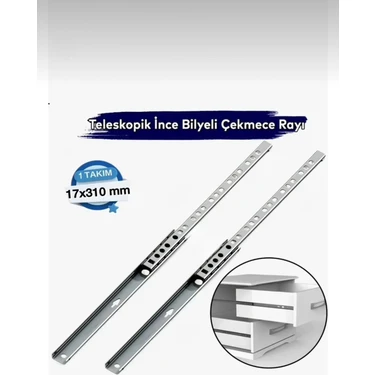 Fimax Teleskopik Ince Bilyalı Dolap Çekmece Rayı Sürgüsü En 1.7 cm Uzunluk 31 cm (1