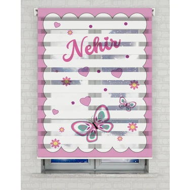 BRIGHTCOVER Pembe Kelebekler Baskılı Zebra Perde - Gece Gündüz - Bebek Odası Perdesi - Kız Çocuk