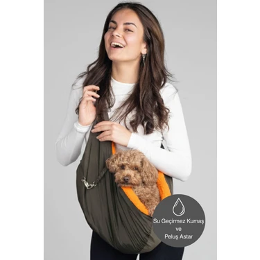 Salya Store Peluş astarlı haki renk köpek ana kucağı taşıma çantası