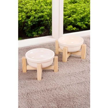GOBYPET Ahşap Standlı Seramik Dekoratif Yükseltilmiş 2 Adet Kedi Köpek Mama ve Su