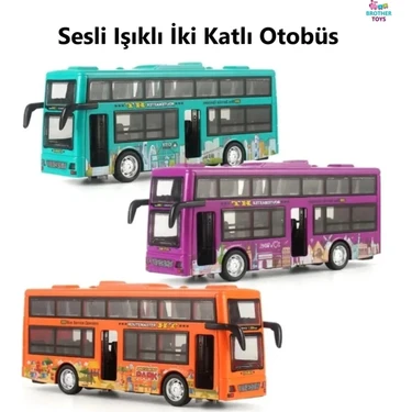 Brother Toys Turist Gezi Otobüsü 2 Katlı Orta ve Ön Kapısı Açılabilen Işıklı Sesli Oyuncak Otobüs