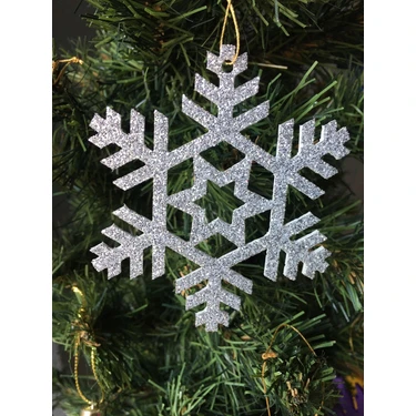 Leylaser Gümüş Renkli Kar Tanesi Simli Eva Ağaç ve Hediye Süsü 8X8CM 12LI Noel