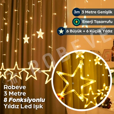 Robeve 8 Fonksiyonlu Dekoratif Yıldız LED 12 Sarkıt Yıldızlı LED Işık Yılbaşı Işık Dekoratif Işık