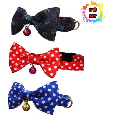 Papyonlu Kedi Boyun Tasmas 3 Lü Set Papyonlu Zilli 17-30 cm Ayarlanabilir Kedi Papyon