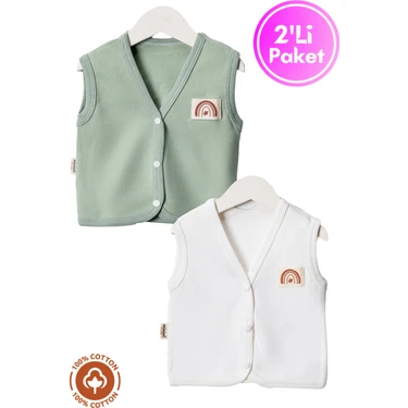 Unisex Bebek Arma Detaylı Organik Pamuklu 3-6-9 Ay 2li Penye Bebek Yelek