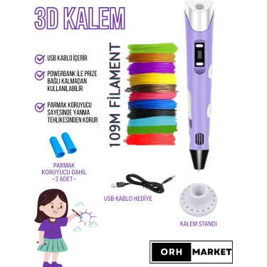 ORH MARKET 3D Kalem USB Kablolu Üç Boyutlu Yazıcı Kalem Printer-Mor (Çok Renkli Filament