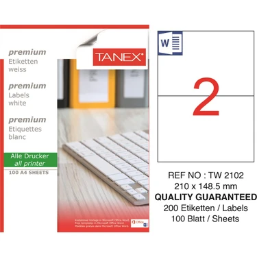 Tanex Lazer Etiket TW-2102 100 A4 Sayfa Laser Etiket 210 x 148,5 mm Boyutunda 1 A4 Sayfada 2