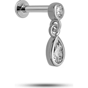 Nereze 925 Ayar Gümüş Rodyumlu Minimal Sallantılı Damla Taşlı Tragus Piercing