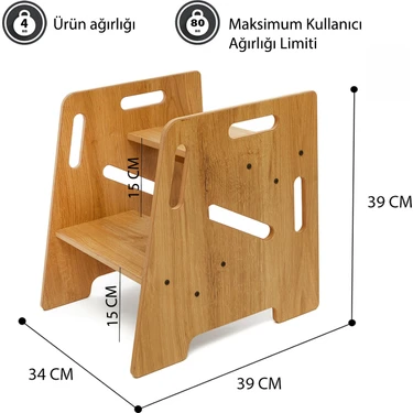 Minera Çocuk / Yetişkin Montessori Ahşap Basamak Yükseltici Tabure Mutfak