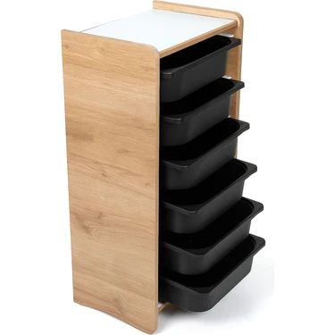 Ceviz Mdf Montessori Oyuncak Dolabı – 6 Siyah Plastik Çekmeceli, Çocuk Odası