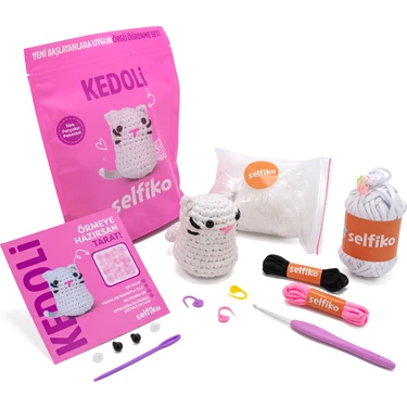 Kedoli Örgü Öğrenme Kiti | Yeni Başlayanlar Için Videolu Tığ Işi Amigurumi Kedi Örgü