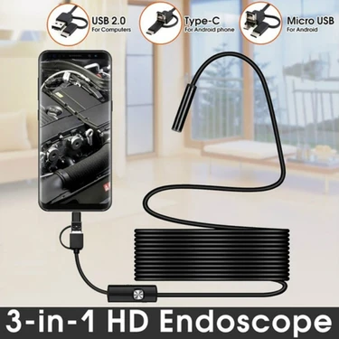 UltraTekno Endoskop 3 In 1 Yılan Kamera USB Micro USB Type-C Sert Kablo 2-5-10-15-20