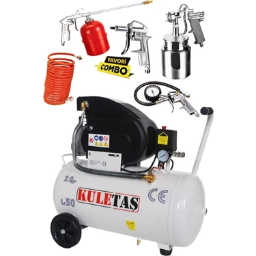 Kuletaş 2201 - 2400 Watt 50 Litre Yağlı Sesli Hava Kompresörü 8 Bar ve Havalı Alet Seti 5 Parça