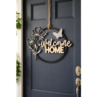 Antilop Welcome Home Yazılı Modern Kapı Süsü – Çiçek ve Kelebek Figürlü Duvar & Kapı