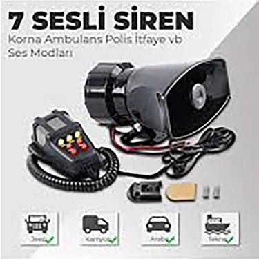 BTM Otomotiv 7 Sesli Mikrofonlu Megafon Siren 100 Watt Yuksek Sesli 12 Volt