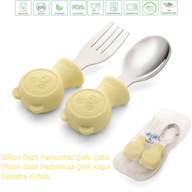 Jojobebek Sarı Renk Ayıcık Figürlü Premium Çocuk BPA Free Silikon Sap Paslanmaz Çelik Uçlu