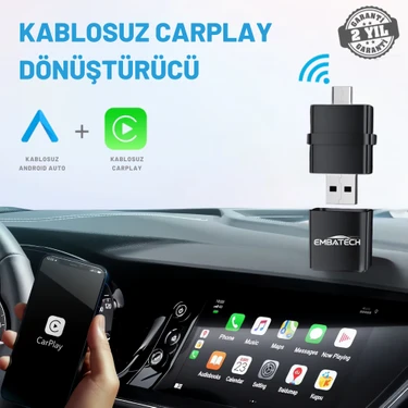 Embatech Araç Içi 2in1 Android ve Apple Cihazlar Için Kablosuz Android Auto ve Carplay Adaptörü