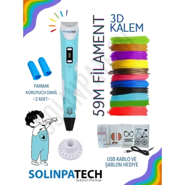 Solinpatech Mavi 3D Pen Üç Boyutlu Yazıcı Kalem 5 Metre 10 Adet Filament ve USB Kablo ile Birlikte