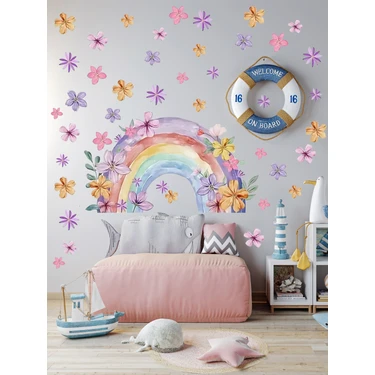 Aiki, Suluboya Çiçek Desenli Gökkuşağı ve Çiçekler, Bebek Çocuk Odası, Dolap, Duvar Sticker 50 x