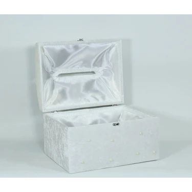Prenses Zarf Takı Sandığı Ekru Büyük Boy Kadife ve Saten Kaplama 30x38x26 cm Şık