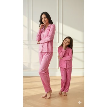 Arn Homewear Anne Kız Kombini Kalp Desenli Pijama Takımı (Tek Takım