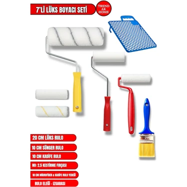 Trend Ak Home 7’li Boyacı Seti |20 cm Rulo + 10 cm Sünger Rulo +10 cm Kadife Rulo +No:2.5 Kestirme
