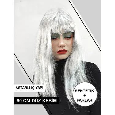 Mey Ithalat® Platin Gri Gümüş Renk Uzun Parti Peruğu Uzun Takma