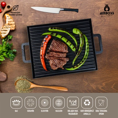 Amboss Döküm Izgara Tavası 26x32 cm Titanyum Kaplama ile Mangal Lezzeti